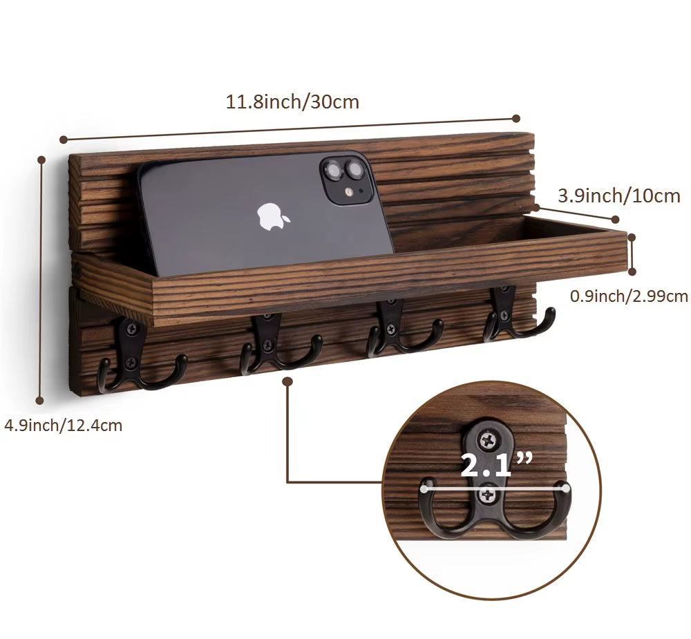  🔑Where Your Essentials Finally Have a Home – Rustic Wooden Entryway Key Holder & Mail Organizer with 4 Hooks for Keys & Sunglasses
