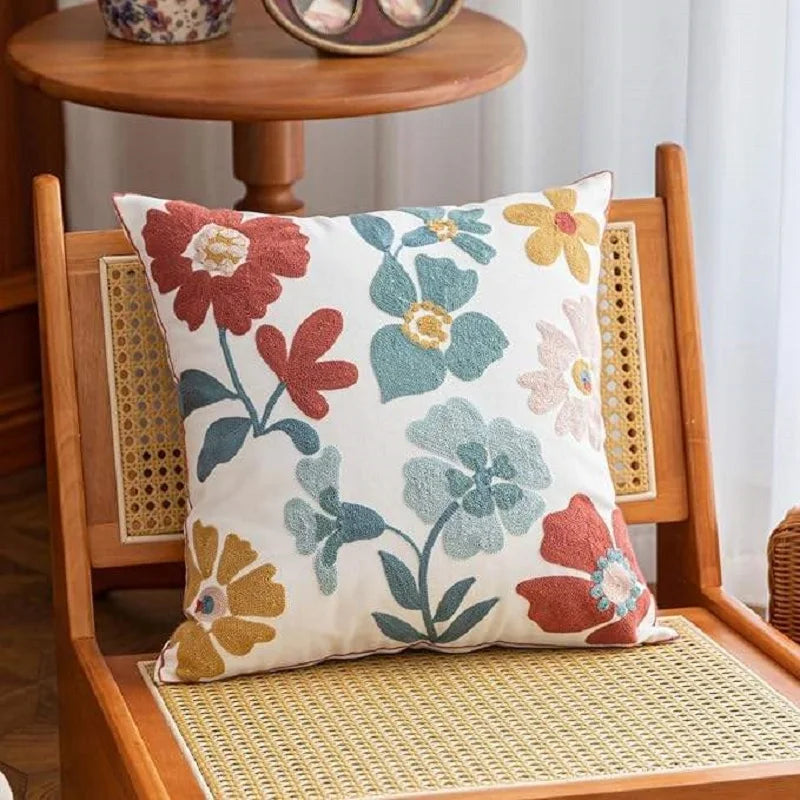 Nordic Floral Embroidered Pillow Cover – Premium Cotton Sofa & Living Room Cushion Case