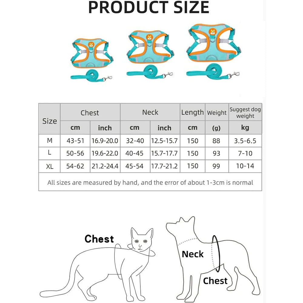 Adjustable Reflective Pet Harness Vest with Leash – Comfortable Chest Strap Walking Set for Dogs