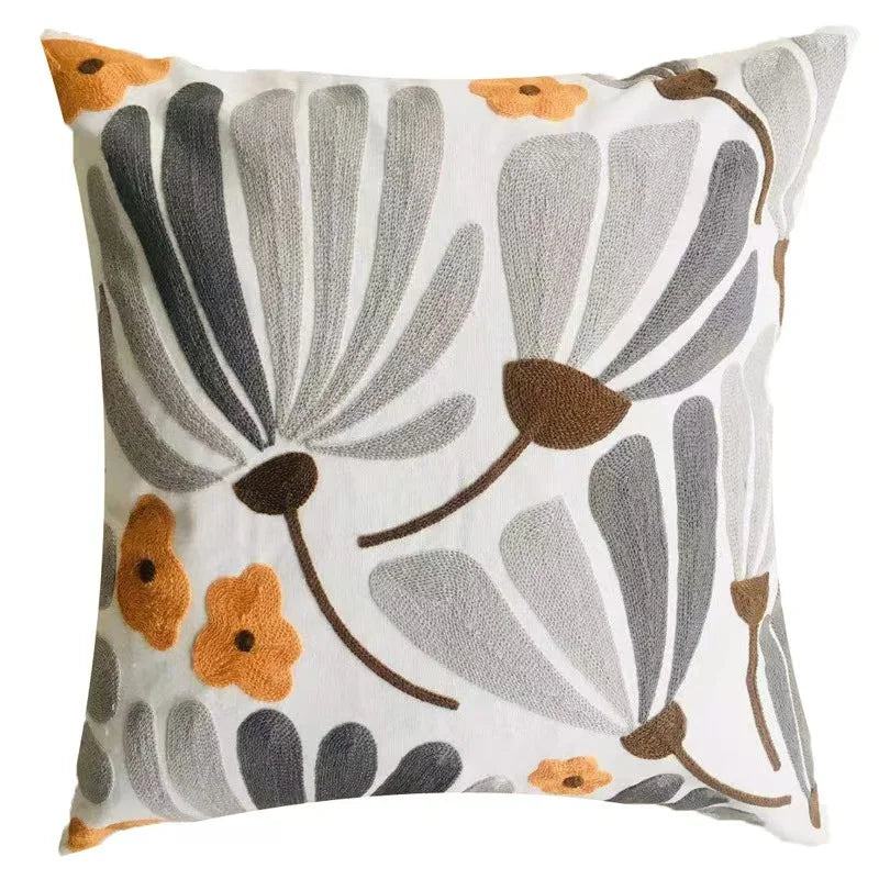 Nordic Floral Embroidered Pillow Cover – Premium Cotton Sofa & Living Room Cushion Case