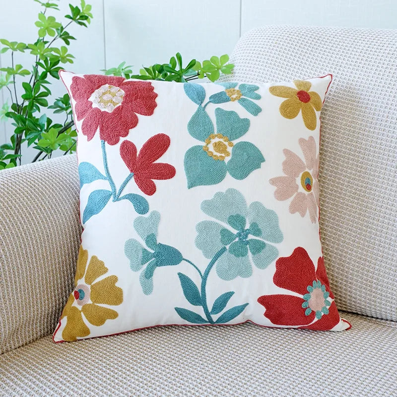 Nordic Floral Embroidered Pillow Cover – Premium Cotton Sofa & Living Room Cushion Case