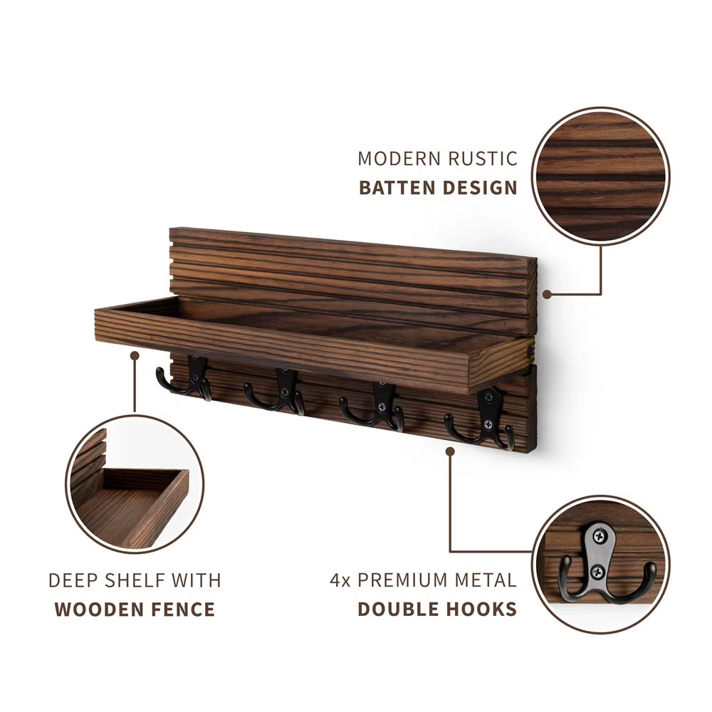  🔑Where Your Essentials Finally Have a Home – Rustic Wooden Entryway Key Holder & Mail Organizer with 4 Hooks for Keys & Sunglasses