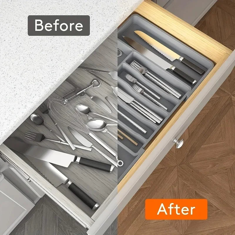 No More Messy Drawers!  Expandable Kitchen Organizer for Cutlery, Utensils & Gadgets