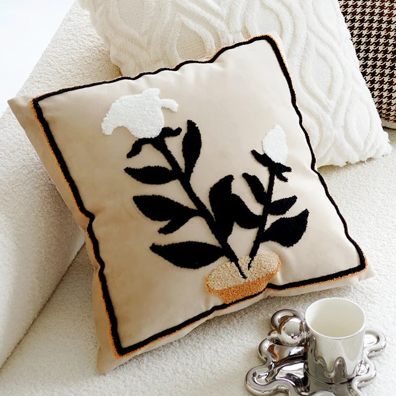 Nordic Floral Embroidered Pillow Cover – Premium Cotton Sofa & Living Room Cushion Case