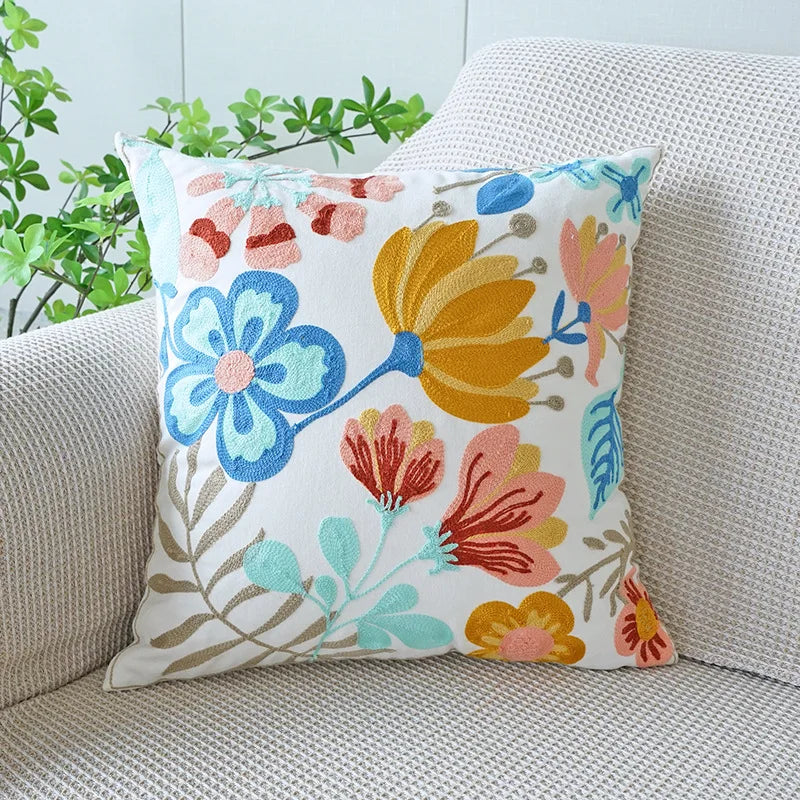 Nordic Floral Embroidered Pillow Cover – Premium Cotton Sofa & Living Room Cushion Case