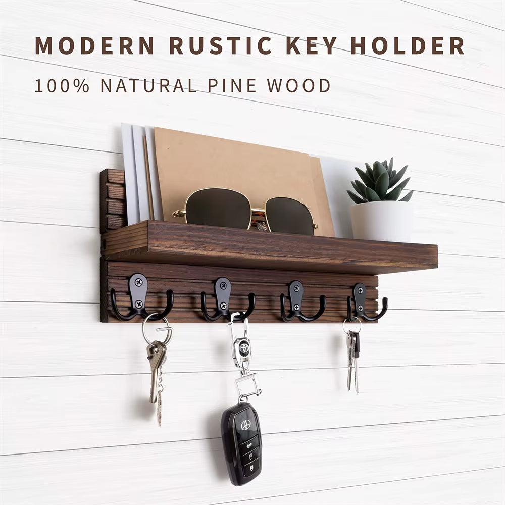  🔑Where Your Essentials Finally Have a Home – Rustic Wooden Entryway Key Holder & Mail Organizer with 4 Hooks for Keys & Sunglasses