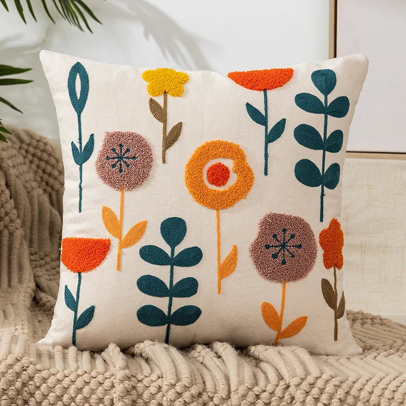 Nordic Floral Embroidered Pillow Cover – Premium Cotton Sofa & Living Room Cushion Case