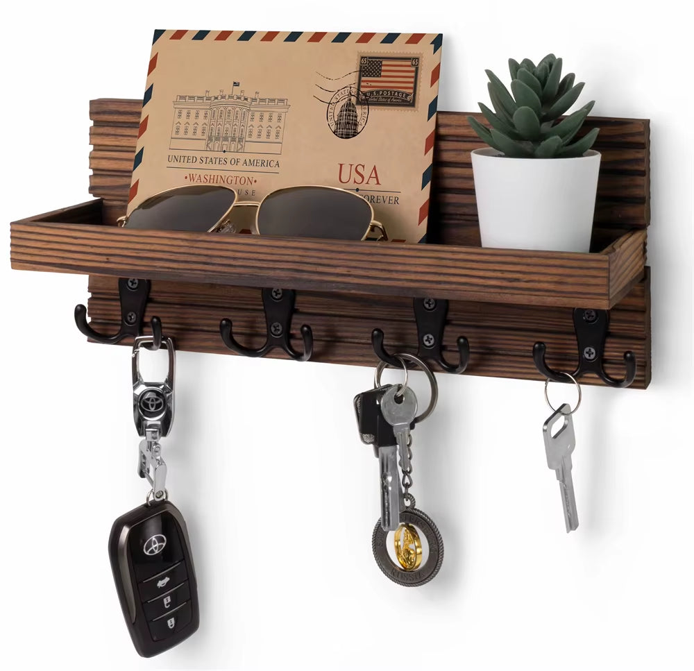  🔑Where Your Essentials Finally Have a Home – Rustic Wooden Entryway Key Holder & Mail Organizer with 4 Hooks for Keys & Sunglasses