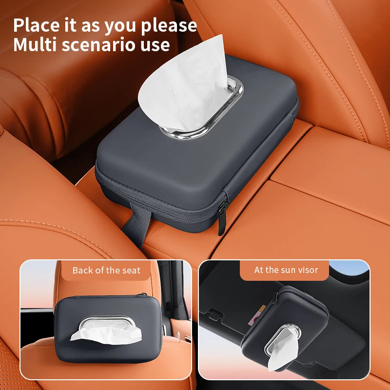 Car Mounted Tissue Box Organizer – Space-Saving Armrest & Sun Visor Storage Bag for Easy Access & Clean Car Interior
