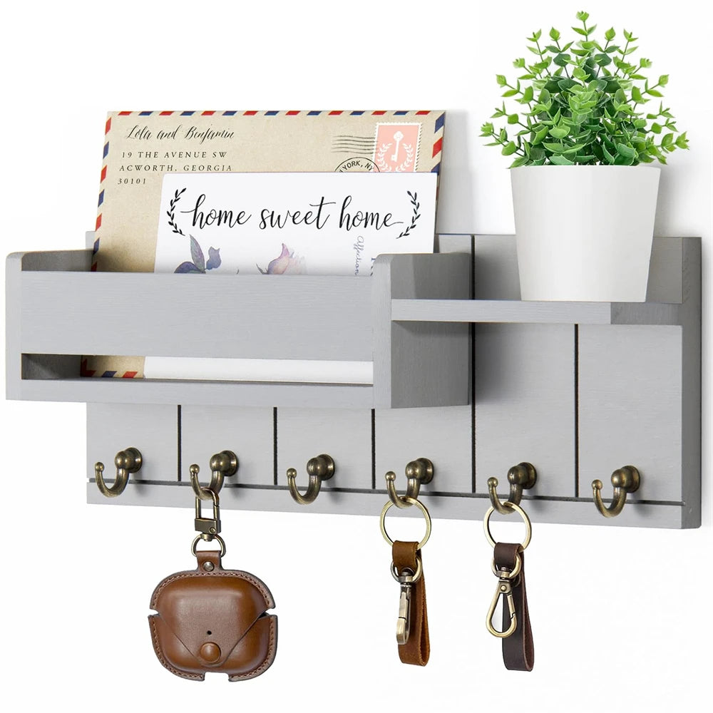 Never Lose Your Keys Again – Decorative Wall-Mounted Key Holder & Mail Organizer with 6 Hooks for a Clutter-Free Entryway 🔑🏡