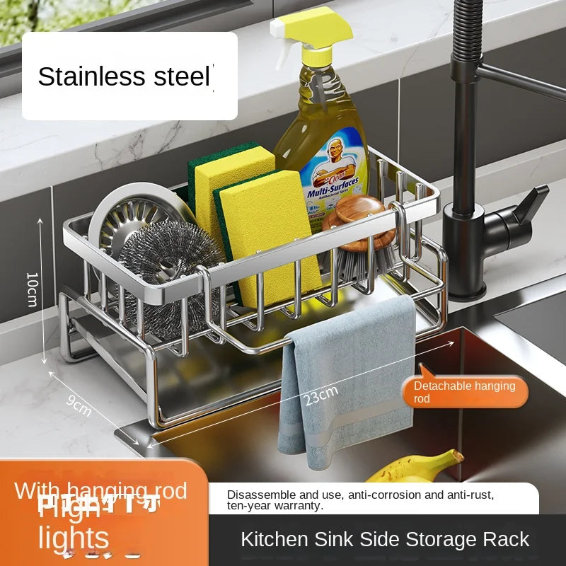 Premium Stainless Steel Sink Caddy  – Sponge Holder, Dishcloth Storage & Quick-Drain Kitchen Organizer