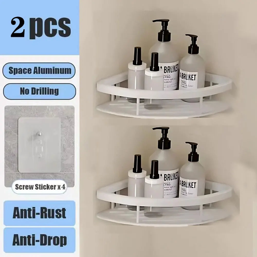 No-Drill Aluminum Bathroom Corner Shelf – Wall Mounted Shower Organizer Rack for Shampoo, Toiletries & Kitchen Storage