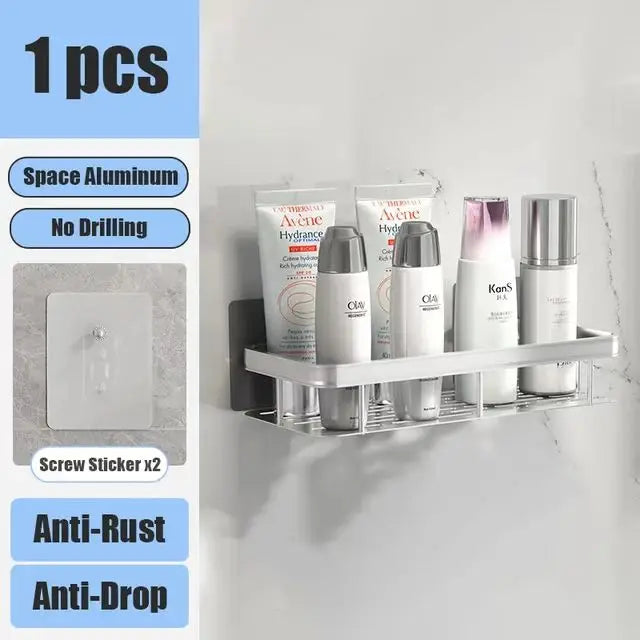 No-Drill Aluminum Bathroom Corner Shelf – Wall Mounted Shower Organizer Rack for Shampoo, Toiletries & Kitchen Storage