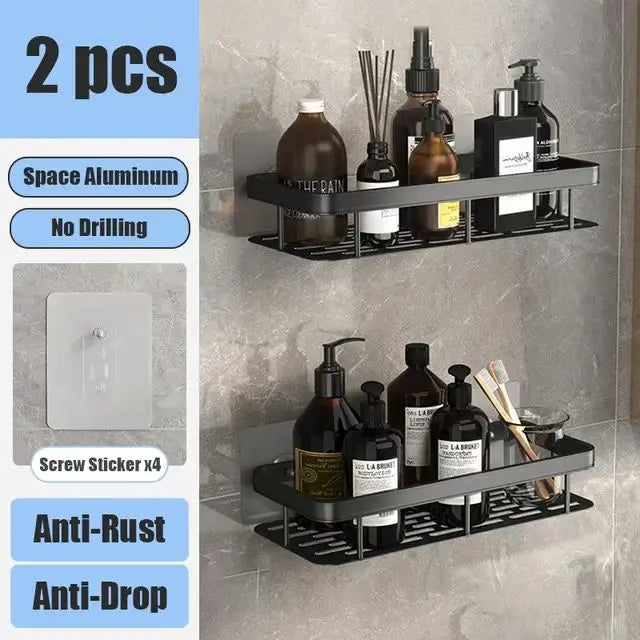 No-Drill Aluminum Bathroom Corner Shelf – Wall Mounted Shower Organizer Rack for Shampoo, Toiletries & Kitchen Storage
