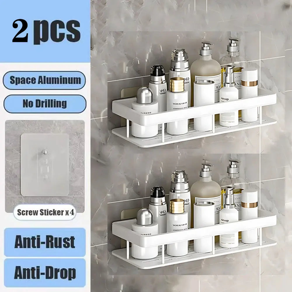 No-Drill Aluminum Bathroom Corner Shelf – Wall Mounted Shower Organizer Rack for Shampoo, Toiletries & Kitchen Storage