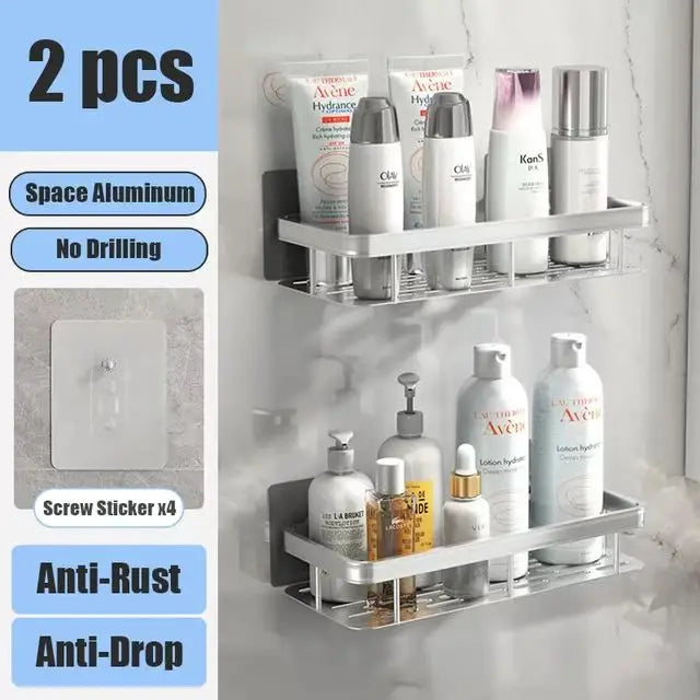 No-Drill Aluminum Bathroom Corner Shelf – Wall Mounted Shower Organizer Rack for Shampoo, Toiletries & Kitchen Storage