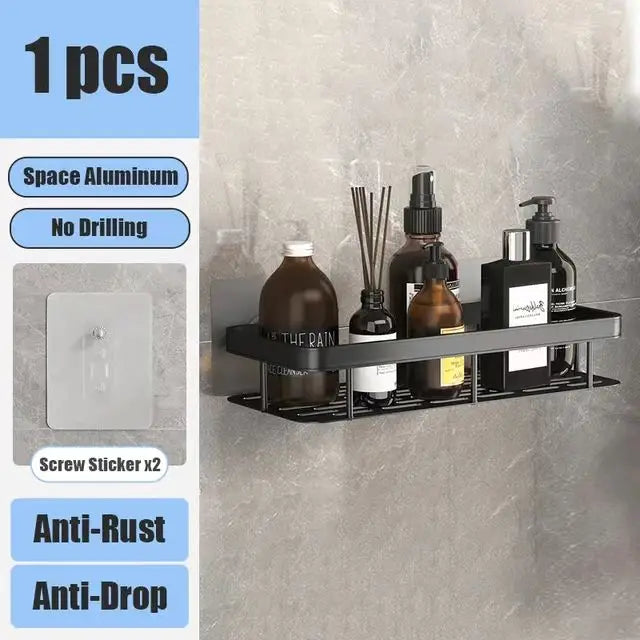No-Drill Aluminum Bathroom Corner Shelf – Wall Mounted Shower Organizer Rack for Shampoo, Toiletries & Kitchen Storage