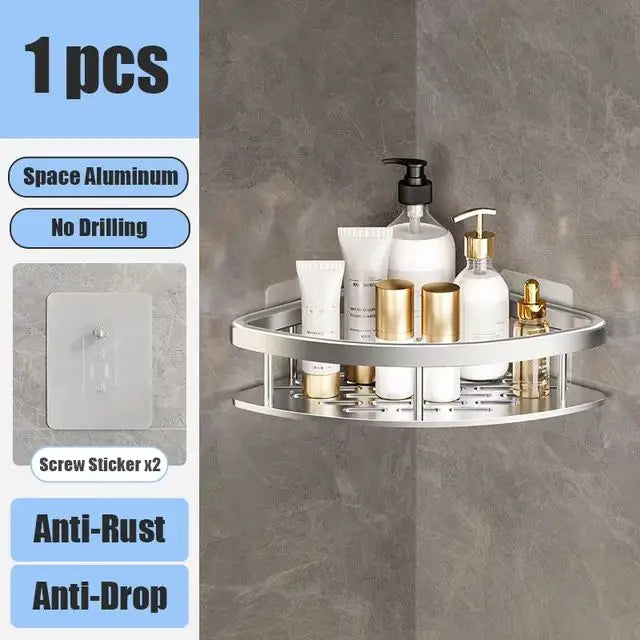 No-Drill Aluminum Bathroom Corner Shelf – Wall Mounted Shower Organizer Rack for Shampoo, Toiletries & Kitchen Storage