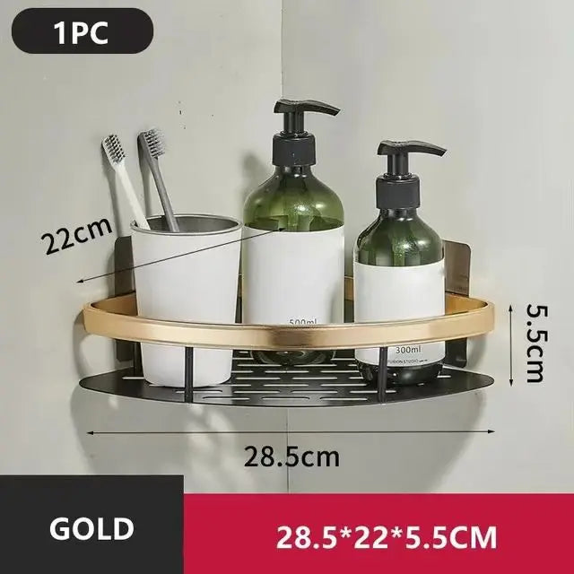 No-Drill Aluminum Bathroom Corner Shelf – Wall Mounted Shower Organizer Rack for Shampoo, Toiletries & Kitchen Storage
