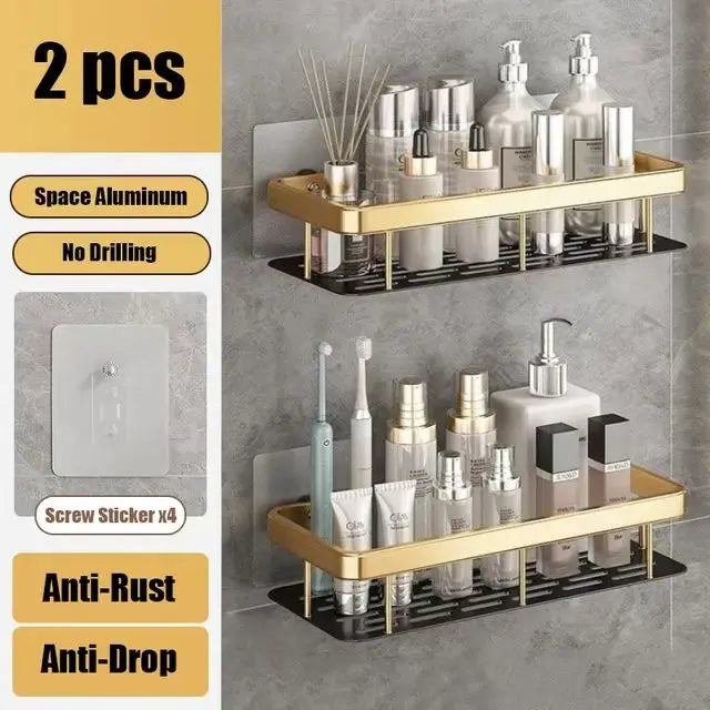 No-Drill Aluminum Bathroom Corner Shelf – Wall Mounted Shower Organizer Rack for Shampoo, Toiletries & Kitchen Storage