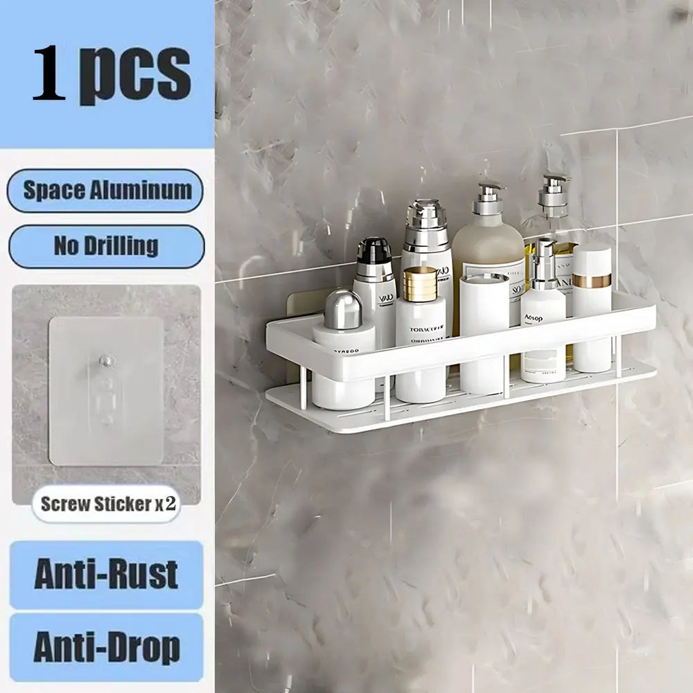 No-Drill Aluminum Bathroom Corner Shelf – Wall Mounted Shower Organizer Rack for Shampoo, Toiletries & Kitchen Storage