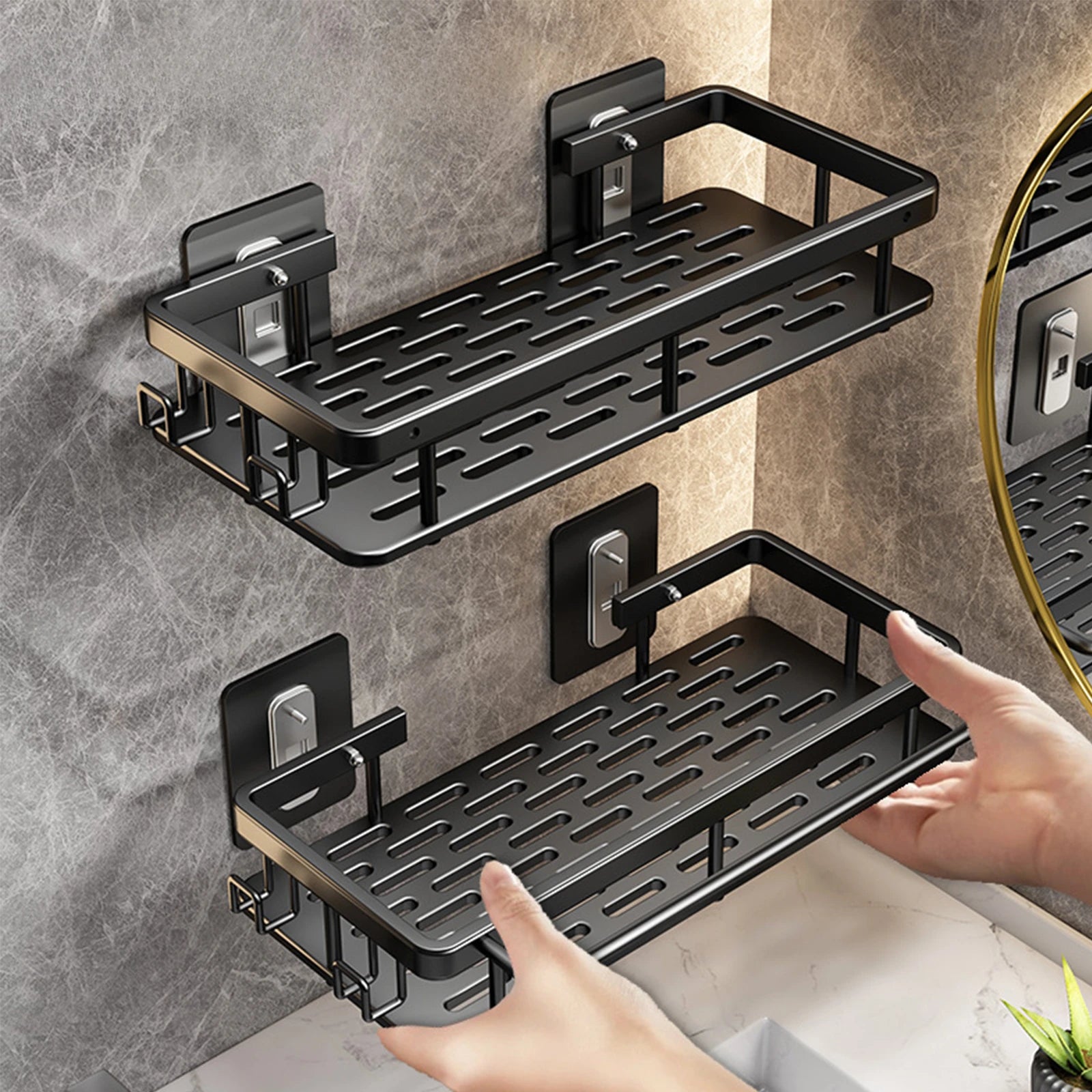 No-Drill Aluminum Bathroom Corner Shelf – Wall Mounted Shower Organizer Rack for Shampoo, Toiletries & Kitchen Storage