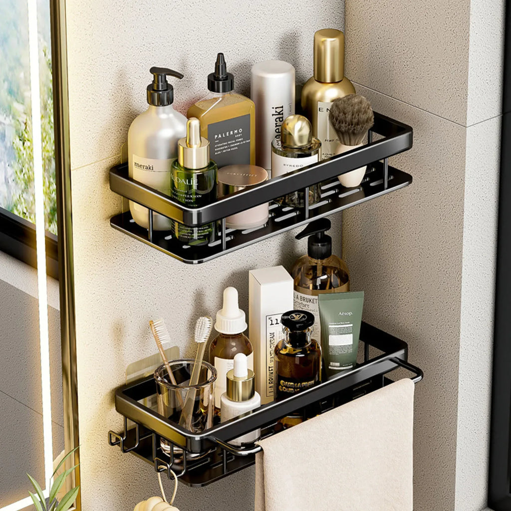 No-Drill Aluminum Bathroom Corner Shelf – Wall Mounted Shower Organizer Rack for Shampoo, Toiletries & Kitchen Storage