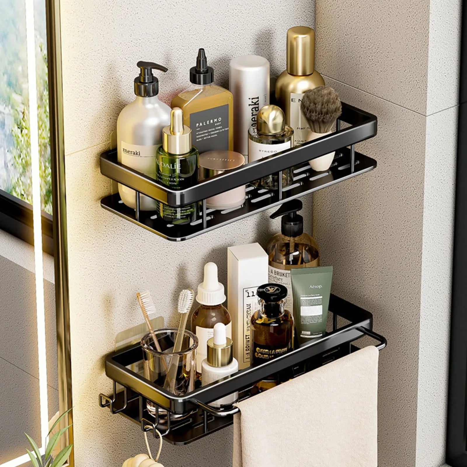 No-Drill Aluminum Bathroom Corner Shelf – Wall Mounted Shower Organizer Rack for Shampoo, Toiletries & Kitchen Storage