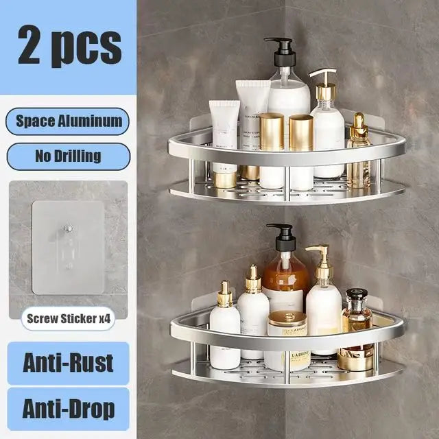 No-Drill Aluminum Bathroom Corner Shelf – Wall Mounted Shower Organizer Rack for Shampoo, Toiletries & Kitchen Storage