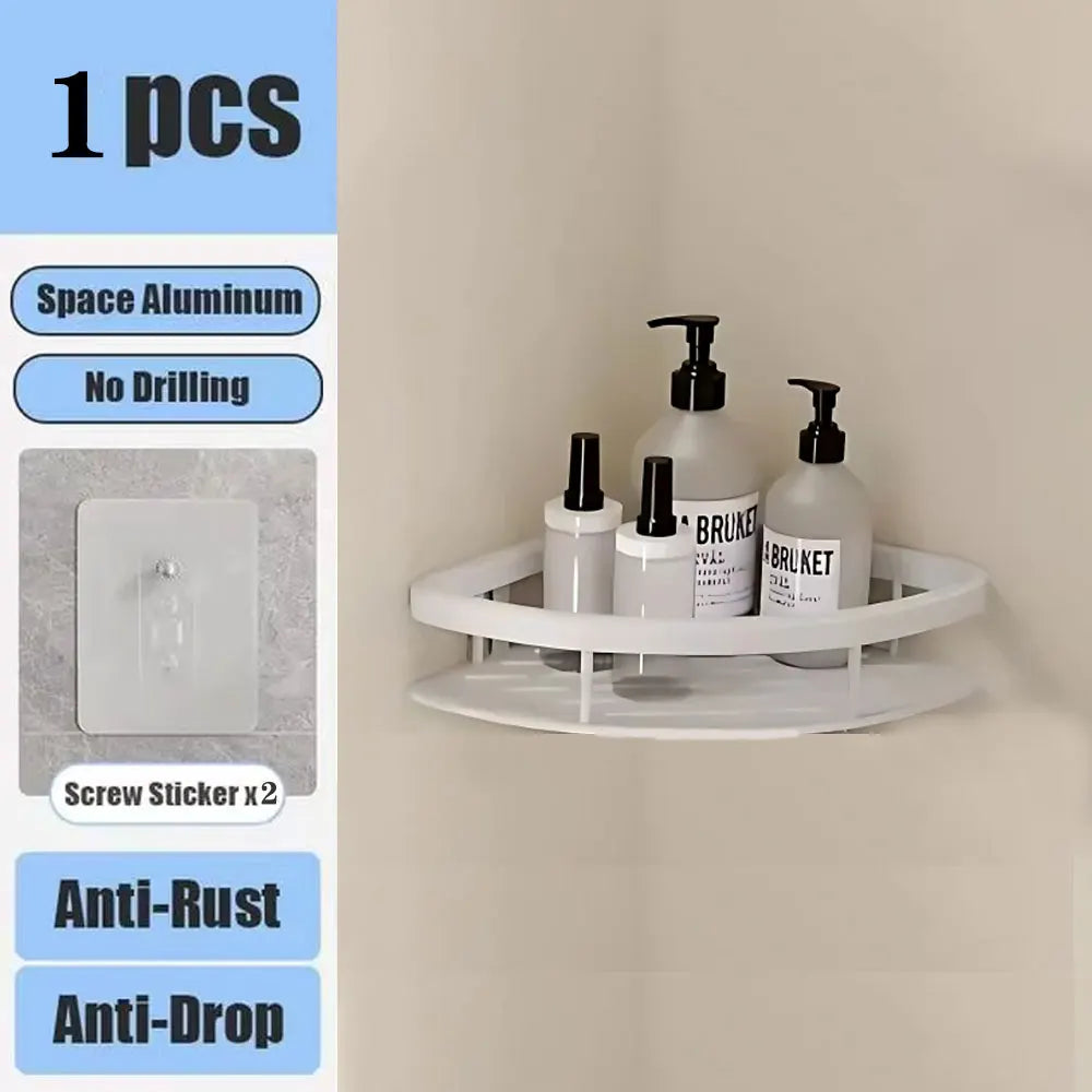 No-Drill Aluminum Bathroom Corner Shelf – Wall Mounted Shower Organizer Rack for Shampoo, Toiletries & Kitchen Storage
