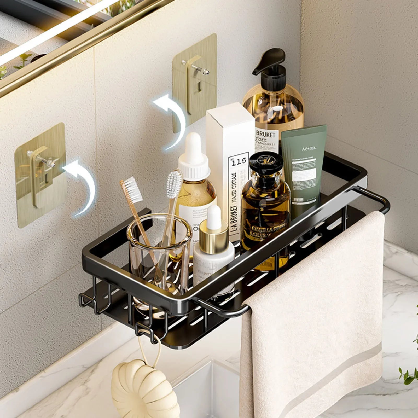 No-Drill Aluminum Bathroom Corner Shelf – Wall Mounted Shower Organizer Rack for Shampoo, Toiletries & Kitchen Storage