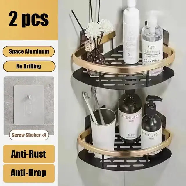 No-Drill Aluminum Bathroom Corner Shelf – Wall Mounted Shower Organizer Rack for Shampoo, Toiletries & Kitchen Storage