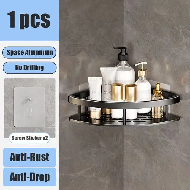 No-Drill Aluminum Bathroom Corner Shelf – Wall Mounted Shower Organizer Rack for Shampoo, Toiletries & Kitchen Storage