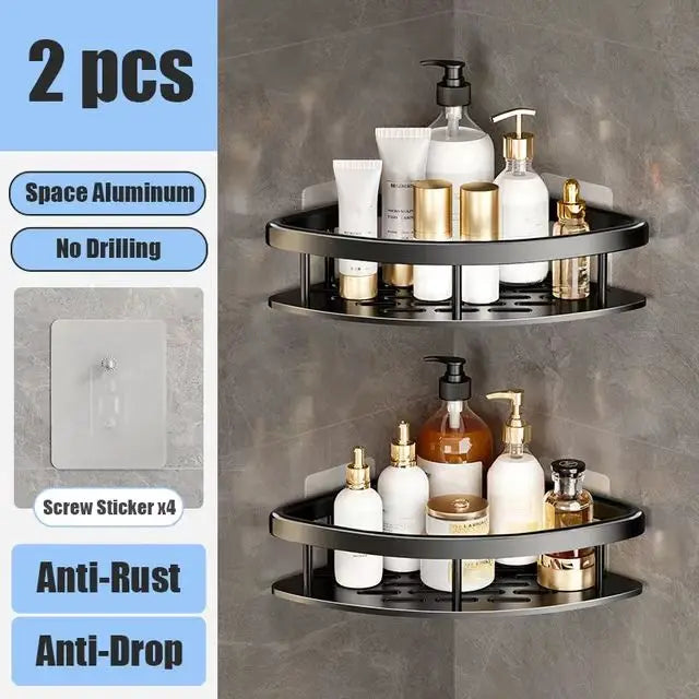No-Drill Aluminum Bathroom Corner Shelf – Wall Mounted Shower Organizer Rack for Shampoo, Toiletries & Kitchen Storage