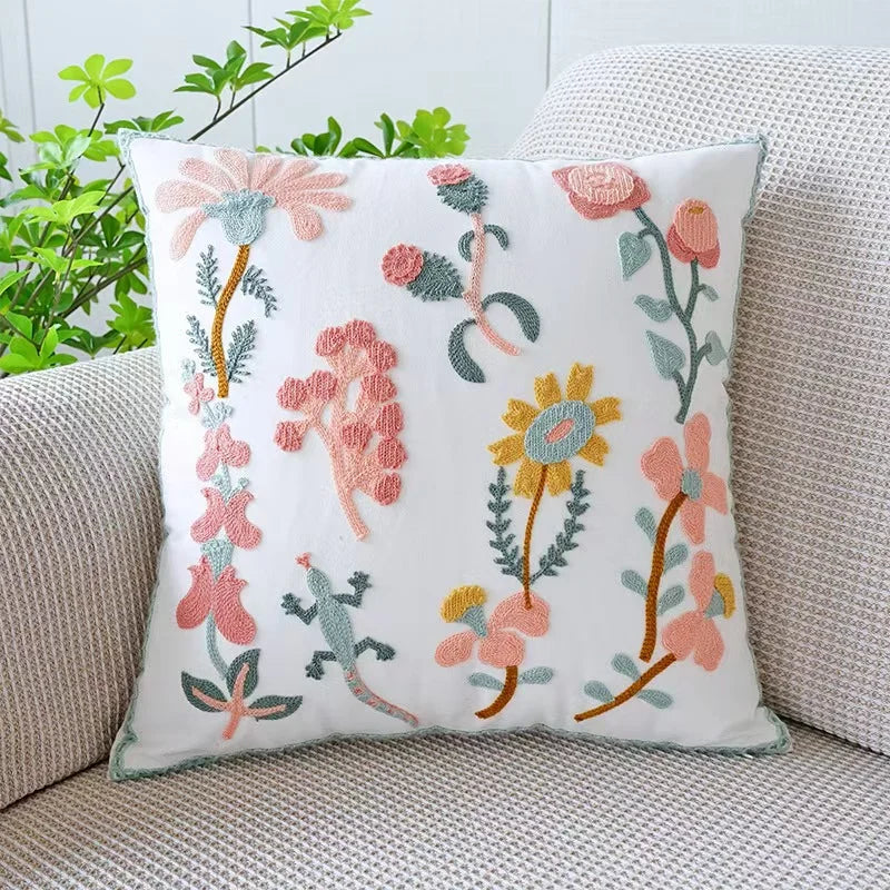 Nordic Floral Embroidered Pillow Cover – Premium Cotton Sofa & Living Room Cushion Case