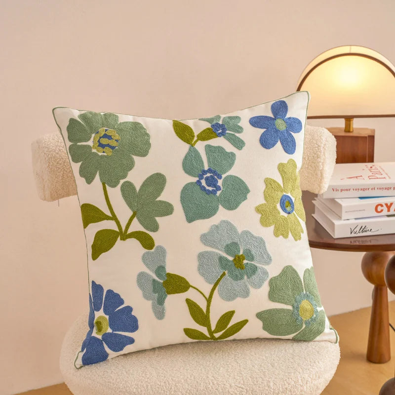 Nordic Floral Embroidered Pillow Cover – Premium Cotton Sofa & Living Room Cushion Case