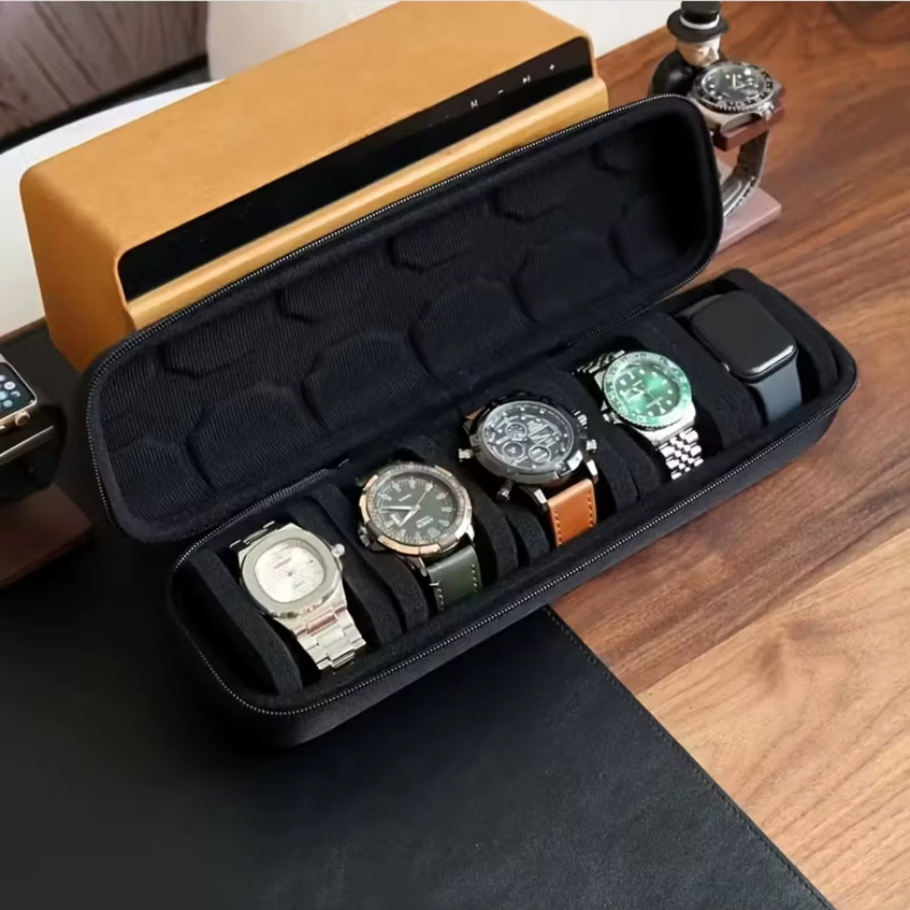 ⌚ 5-Slot Hard Shell Watch Storage Case – Travel Organizer with Protective Pillow Inserts for Smart Watches & Luxury Watch Protection (Scratch & Dust Safe)