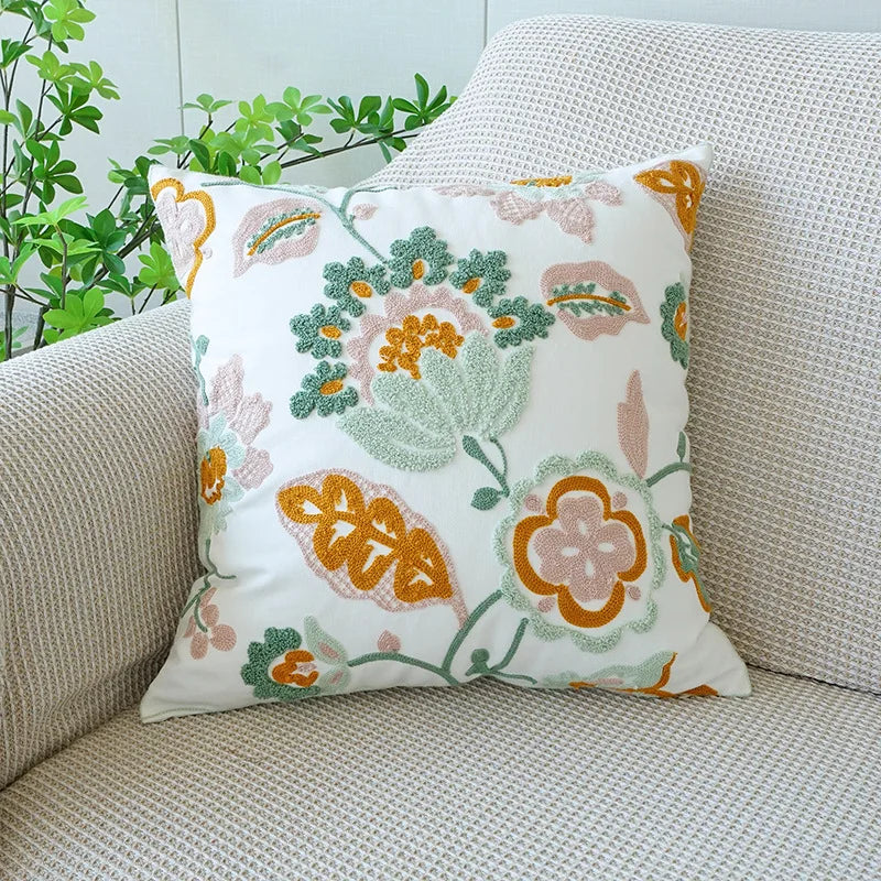 Nordic Floral Embroidered Pillow Cover – Premium Cotton Sofa & Living Room Cushion Case
