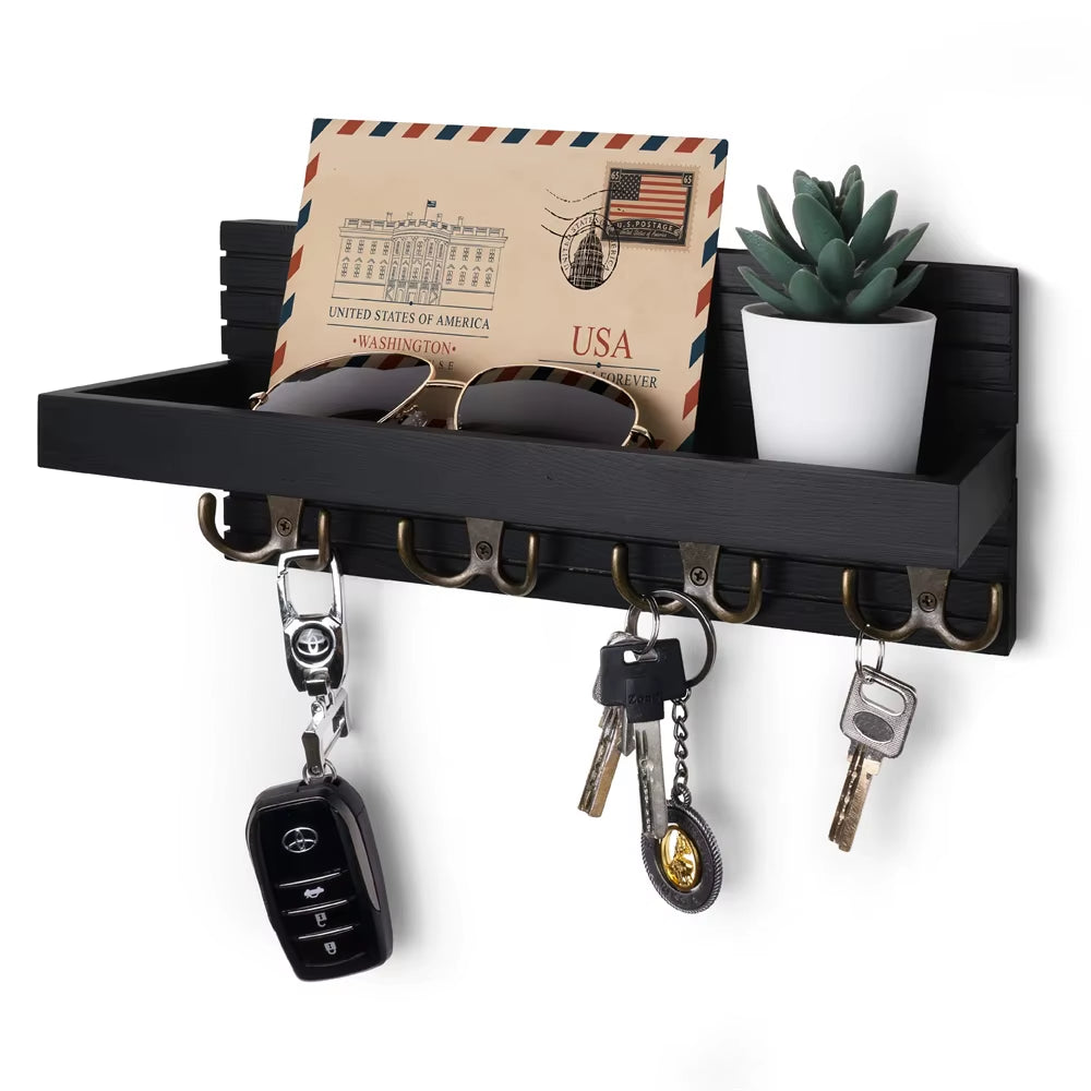  🔑Where Your Essentials Finally Have a Home – Rustic Wooden Entryway Key Holder & Mail Organizer with 4 Hooks for Keys & Sunglasses