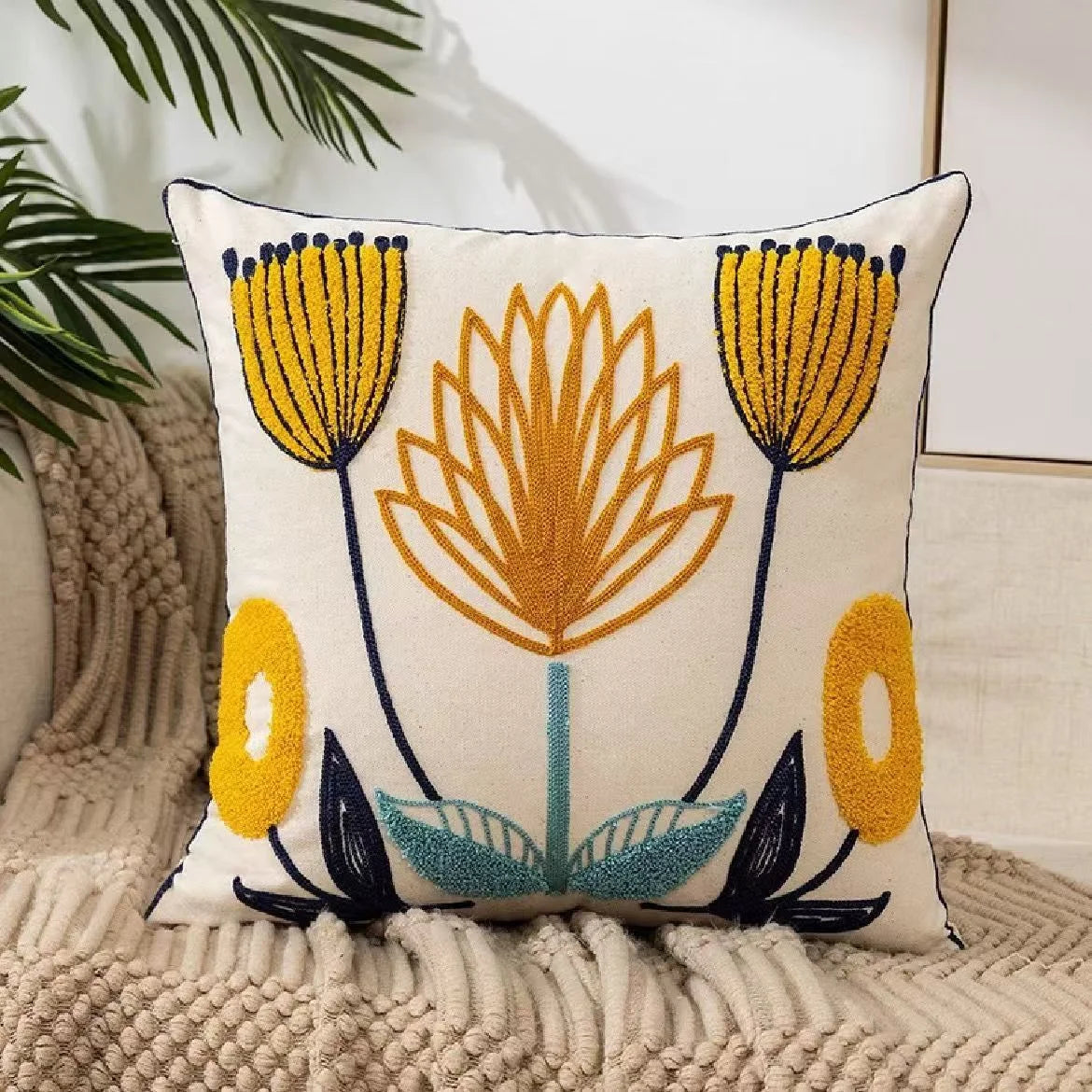 Nordic Floral Embroidered Pillow Cover – Premium Cotton Sofa & Living Room Cushion Case