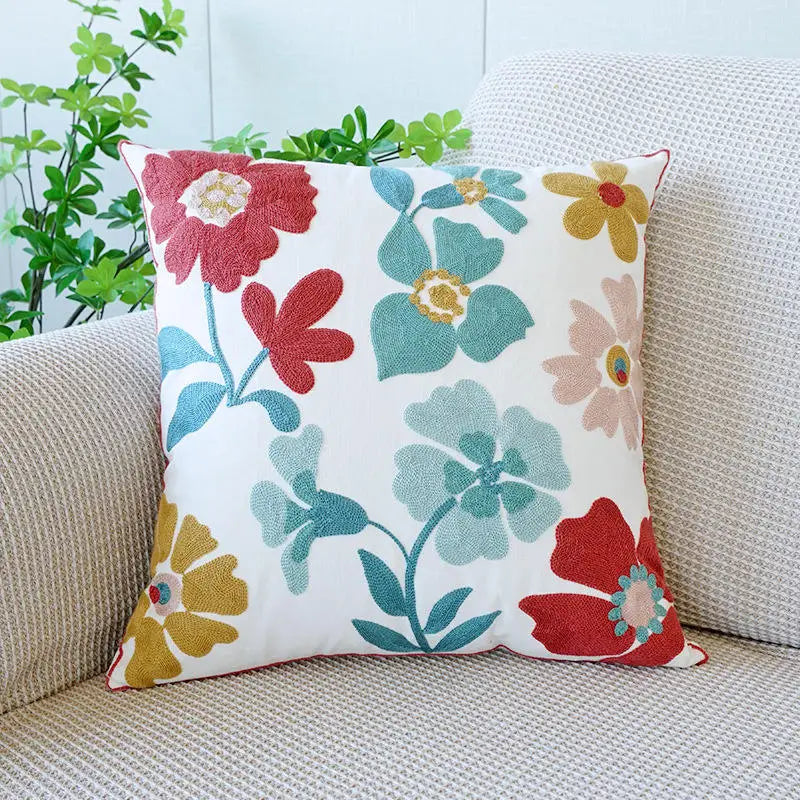 Nordic Floral Embroidered Pillow Cover – Premium Cotton Sofa & Living Room Cushion Case