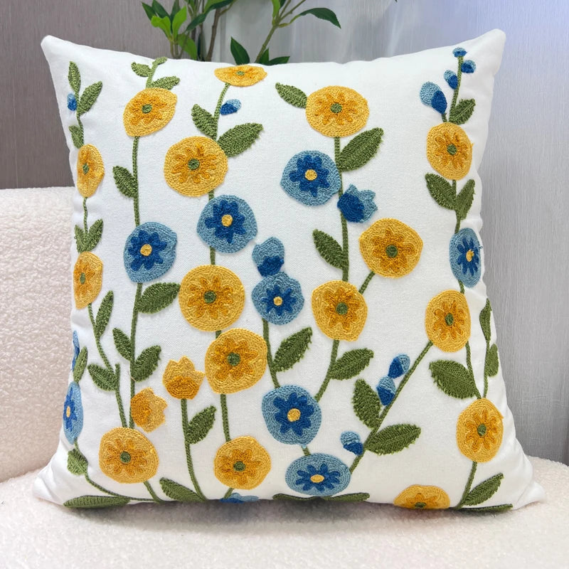 Nordic Floral Embroidered Pillow Cover – Premium Cotton Sofa & Living Room Cushion Case