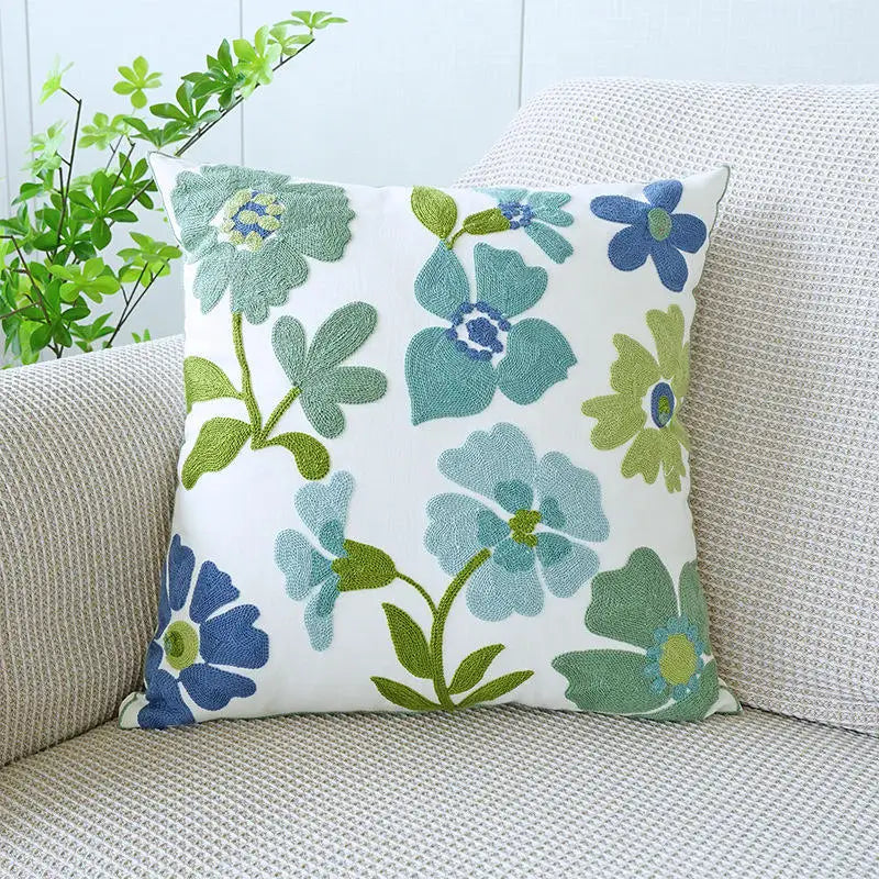 Nordic Floral Embroidered Pillow Cover – Premium Cotton Sofa & Living Room Cushion Case