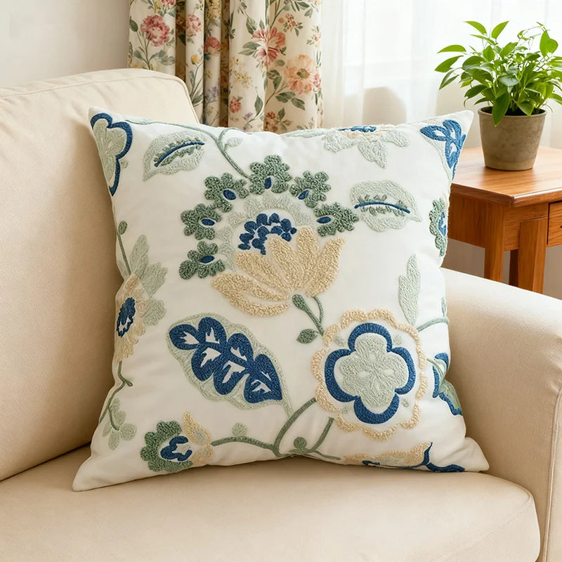Nordic Floral Embroidered Pillow Cover – Premium Cotton Sofa & Living Room Cushion Case
