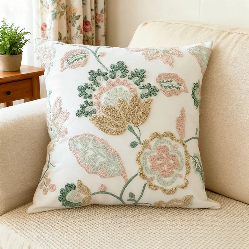 Nordic Floral Embroidered Pillow Cover – Premium Cotton Sofa & Living Room Cushion Case